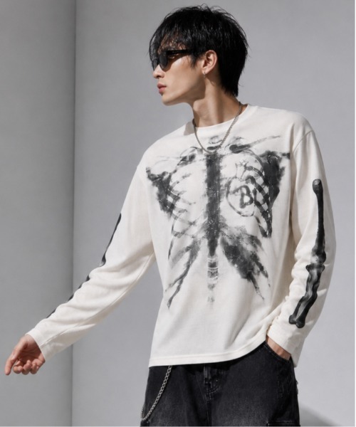 Evo+Revo(エボレボ)の「”旬なワッフル” X-RAYスケルトン グラフィックプリント ワッフルロンT/GLFS(Tシャツ/カットソー・メンズ・アイボリー/ブラック・M/L)」の5枚目の写真
