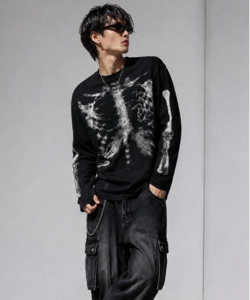 Evo+Revo(エボレボ)の「”旬なワッフル” X-RAYスケルトン グラフィックプリント ワッフルロンT/GLFS(Tシャツ/カットソー・メンズ・アイボリー/ブラック・M/L)」の13枚目の写真
