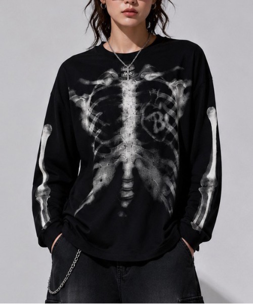 Evo+Revo(エボレボ)の「”旬なワッフル” X-RAYスケルトン グラフィックプリント ワッフルロンT/GLFS(Tシャツ/カットソー・メンズ・アイボリー/ブラック・M/L)」の15枚目の写真
