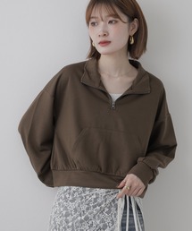 ダブルフェイスハーフジップショート丈スウェットトップス