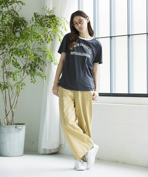 WEGO（ウィゴー）の「WEGO/アーチロゴリンガーTシャツ（Tシャツ/カットソー・レディース・マスタード/アイボリー/スミクロ・FREE）」の19枚目の写真