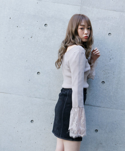 LIPSERVICE（リップサービス）の「レーススリーブニットトップス（ニット/セーター・レディース・ホワイト/ブラック/ベージュ/ピンク・FREE）」の9枚目の写真