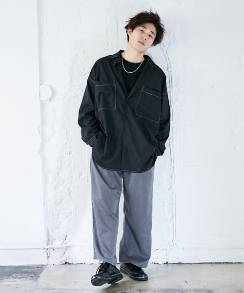 kutir(クティール)の「【ウルトラオーバーシルエット】配色ステッチシャツ(シャツ/ブラウス・メンズ・ブラック/ベージュ・LARGE/MEDIUM)」の3枚目の写真