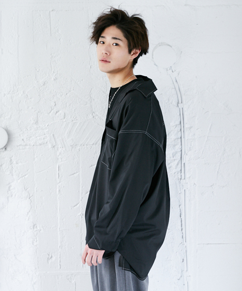 kutir(クティール)の「【ウルトラオーバーシルエット】配色ステッチシャツ(シャツ/ブラウス・メンズ・ブラック/ベージュ・LARGE/MEDIUM)」の6枚目の写真