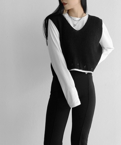 LVEU.（ラブユ.）の「Short long T-shirt / ショートロングＴシャツ（Tシャツ/カットソー・レディース・ホワイト/ブラック・FREE）」の9枚目の写真