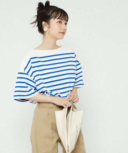 FREAK'S STORE（フリークスストア）の「パネルボーダーBIG半袖Tシャツ【一部WEB限定】（Tシャツ/カットソー・レディース・ブラック/ベージュ/サックスブルー/ピンク・ﾌﾘ-）」の4枚目の写真