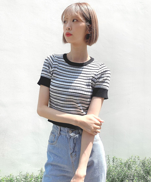 Voyage titty&Co.PETIT（ボヤージュティティアンドコープチ）の「【Voyage titty&Co.】マルチボーダープルオーバー（ニット/セーター・レディース・ブラック/グリーン/イエロー/パープル/グレー・FREE）」の3枚目の写真