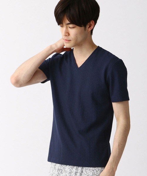 HIDEAWAYS NICOLE（ハイダウェイニコル）の「バスケット柄風VネックTシャツ（Tシャツ/カットソー・メンズ・ホワイト/ブラック/ネイビー/ボルドー・MEDIUM/LARGE/X-LARGE）」の4枚目の写真