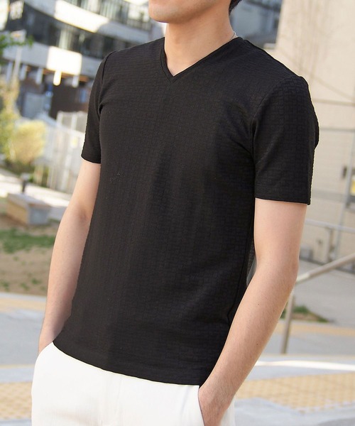 HIDEAWAYS NICOLE（ハイダウェイニコル）の「バスケット柄風VネックTシャツ（Tシャツ/カットソー・メンズ・ホワイト/ブラック/ネイビー/ボルドー・MEDIUM/LARGE/X-LARGE）」の3枚目の写真