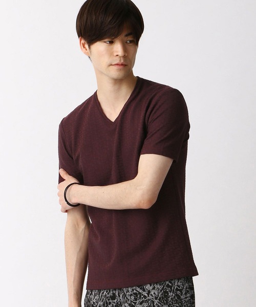 HIDEAWAYS NICOLE（ハイダウェイニコル）の「バスケット柄風VネックTシャツ（Tシャツ/カットソー・メンズ・ホワイト/ブラック/ネイビー/ボルドー・MEDIUM/LARGE/X-LARGE）」の5枚目の写真