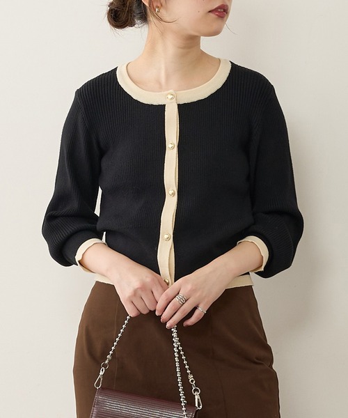 natural couture（ナチュラルクチュール）の「バイカラーレトロショートカーディガン（カーディガン/ボレロ・レディース・ベージュ/ブラック/ブラウン/ミント・FREE）」の3枚目の写真