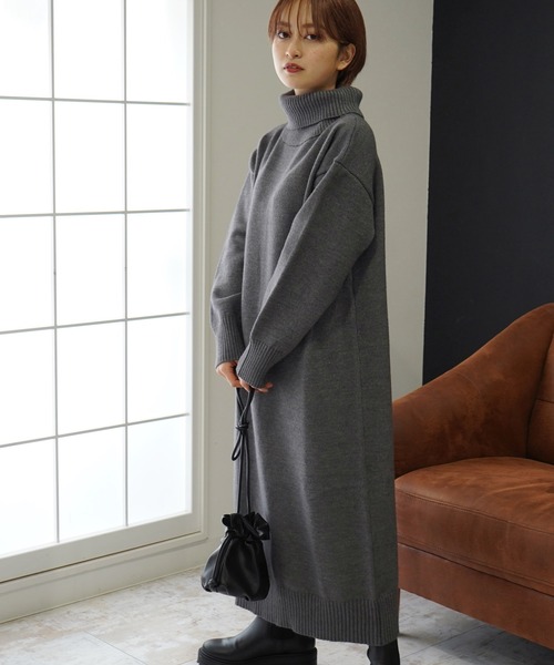 4色 ニット ワンピース タートルネック マーメイド 上品 長袖 5 レディな佇まいで魅了する袖フラワーレースニットワンピース