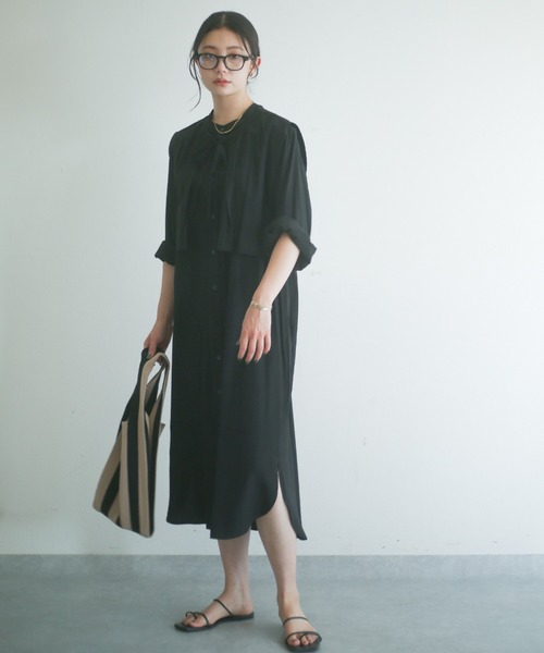 spoon store（スプーンストア）の「レイヤードフラップシャツワンピース（ワンピース・レディース・オフホワイト/グリーン/スミクロ・フリー）」の3枚目の写真