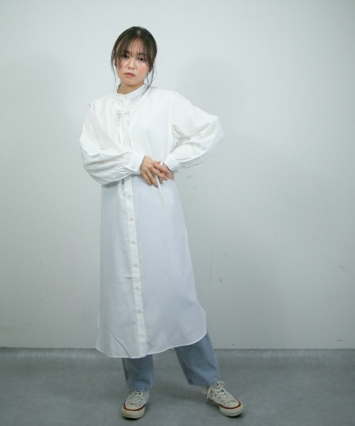 spoon store（スプーンストア）の「レイヤードフラップシャツワンピース（ワンピース・レディース・オフホワイト/グリーン/スミクロ・フリー）」の10枚目の写真