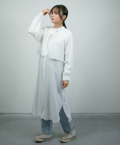 spoon store（スプーンストア）の「レイヤードフラップシャツワンピース（ワンピース・レディース・オフホワイト/グリーン/スミクロ・フリー）」の8枚目の写真