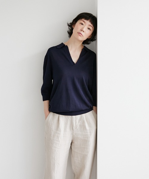 note et silence (ノートエシロンス)の「【 AMB100貨 】ファインシルクコットンスキッパーニット(ニット/セーター・レディース・ネイビー/イエロー/ブラック・SMALL)」の22枚目の写真
