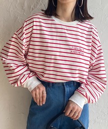 ビッグシルエットクルーネックワンポイント刺繍ボーダー長袖プルオーバーロングTシャツ