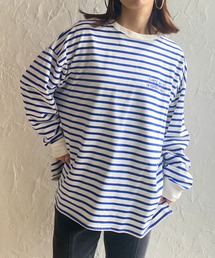 ビッグシルエットクルーネックワンポイント刺繍ボーダー長袖プルオーバーロングTシャツ