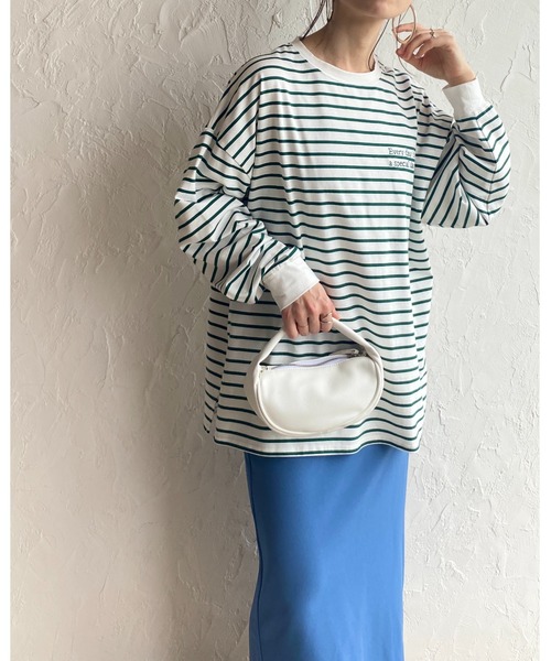 She's Closet(シーズクローゼット)の「ビッグシルエットクルーネックワンポイント刺繍ボーダー長袖プルオーバーロングTシャツ(Tシャツ/カットソー・レディース・ブラック/オレンジ/ブルー/レッド/グリーン・FREE)」の6枚目の写真