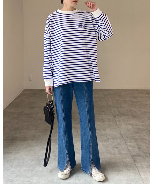 She's Closet(シーズクローゼット)の「ビッグシルエットクルーネックワンポイント刺繍ボーダー長袖プルオーバーロングTシャツ(Tシャツ/カットソー・レディース・ブラック/オレンジ/ブルー/レッド/グリーン・FREE)」の7枚目の写真