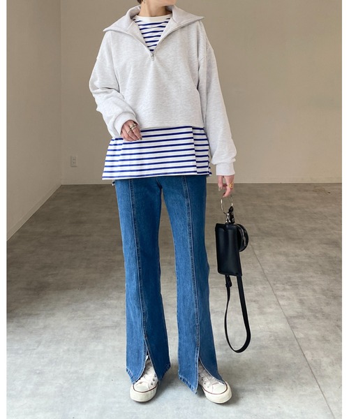 She's Closet(シーズクローゼット)の「ビッグシルエットクルーネックワンポイント刺繍ボーダー長袖プルオーバーロングTシャツ(Tシャツ/カットソー・レディース・ブラック/オレンジ/ブルー/レッド/グリーン・FREE)」の8枚目の写真