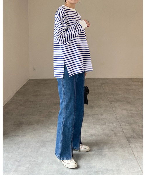She's Closet(シーズクローゼット)の「ビッグシルエットクルーネックワンポイント刺繍ボーダー長袖プルオーバーロングTシャツ(Tシャツ/カットソー・レディース・ブラック/オレンジ/ブルー/レッド/グリーン・FREE)」の9枚目の写真