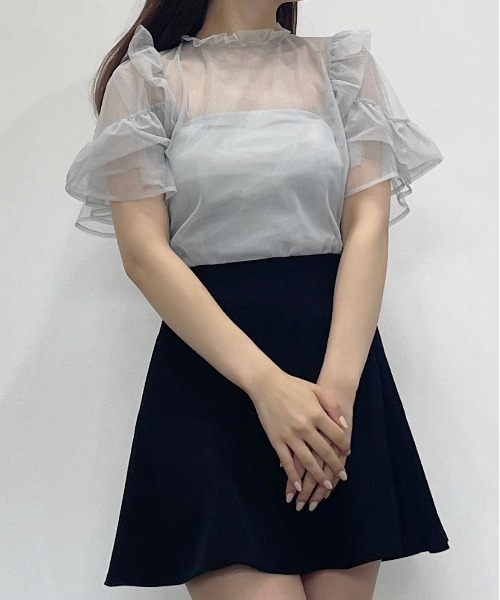 TITTY&CO.（ティティーアンドコー）の「【TITTY&CO.】半袖フリルスリーブチュールトップス（シャツ/ブラウス・レディース・ライトブルー/ブラック/アイボリー・FREE）」の3枚目の写真