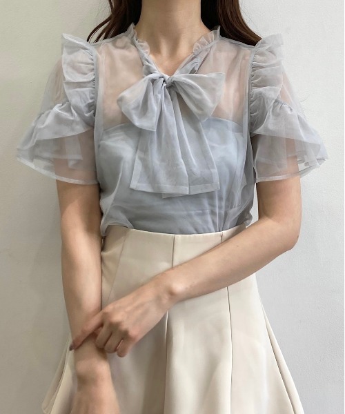 TITTY&CO.（ティティーアンドコー）の「【TITTY&CO.】半袖フリルスリーブチュールトップス（シャツ/ブラウス・レディース・ライトブルー/ブラック/アイボリー・FREE）」の6枚目の写真