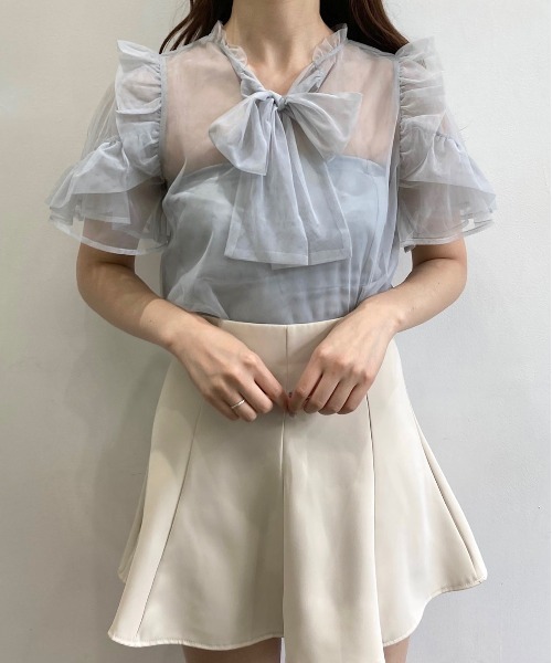 TITTY&CO.（ティティーアンドコー）の「【TITTY&CO.】半袖フリルスリーブチュールトップス（シャツ/ブラウス・レディース・ライトブルー/ブラック/アイボリー・FREE）」の7枚目の写真