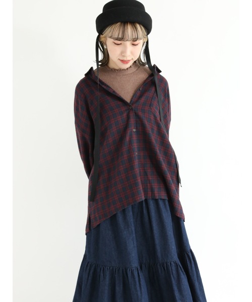 Samansa Mos2（サマンサ モスモス）の「【リサイクルヤーン】ネルチェック柄シャツ（シャツ/ブラウス・レディース・ブラウン/ボルドー/ネイビー/ミント・ﾌﾘ-）」の9枚目の写真