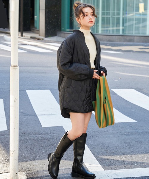 STYLEBLOCK（スタイルブロック）の「中綿キルティングミドル丈ブルゾン（モッズコート・レディース・ブラック/アイボリー/カーキ・FREE）」の9枚目の写真