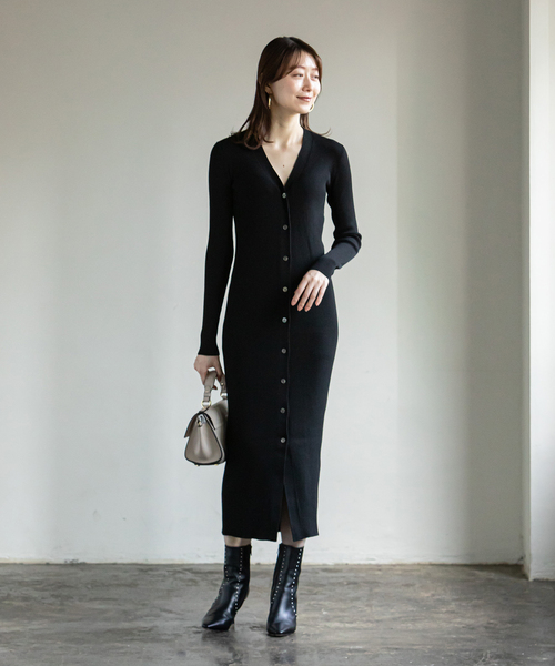 ノーブル　noble ロングリブニットカーディガン ワンピース 黒 Noble（ノーブル）の「ロングリブニットカーディガン（カーディガン
