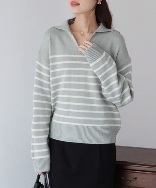 BLUEEAST（ブルーイースト）の「ボーダースキッパーニットプルオーバー（ニット/セーター・レディース・アイボリー/グレー/ネイビー・MEDIUM）」の3枚目の写真