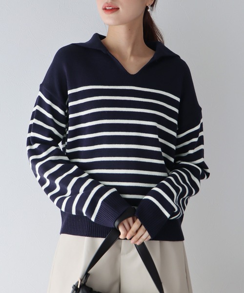 BLUEEAST（ブルーイースト）の「ボーダースキッパーニットプルオーバー（ニット/セーター・レディース・アイボリー/グレー/ネイビー・MEDIUM）」の6枚目の写真