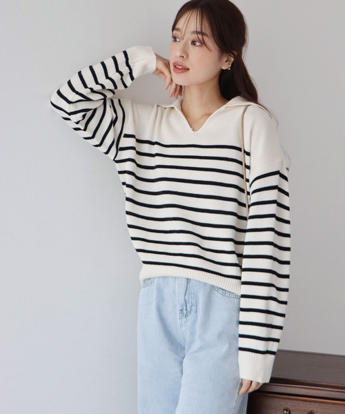 BLUEEAST（ブルーイースト）の「ボーダースキッパーニットプルオーバー（ニット/セーター・レディース・アイボリー/グレー/ネイビー・MEDIUM）」の5枚目の写真