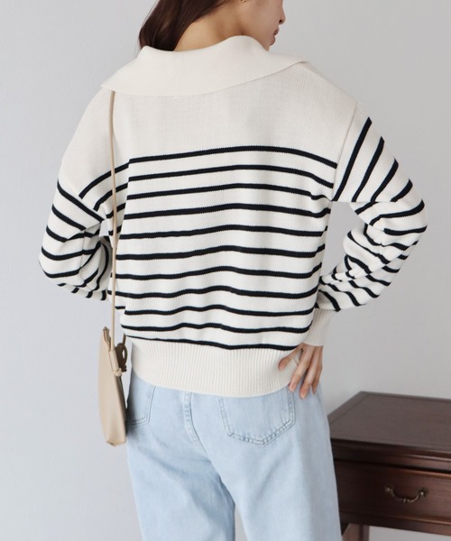 BLUEEAST（ブルーイースト）の「ボーダースキッパーニットプルオーバー（ニット/セーター・レディース・アイボリー/グレー/ネイビー・MEDIUM）」の4枚目の写真