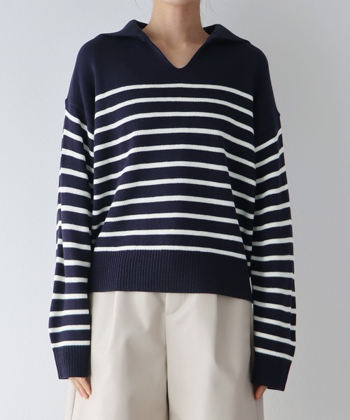 BLUEEAST（ブルーイースト）の「ボーダースキッパーニットプルオーバー（ニット/セーター・レディース・アイボリー/グレー/ネイビー・MEDIUM）」の15枚目の写真