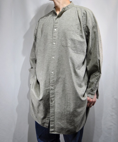 おしゃれスタ(オシャレスタ)の「綿麻ストレッチバンドカラーロングシャツ【IR】(シャツ/ブラウス・メンズ・ホワイト/ブラック/ネイビー/モカ/カーキ・M/L)」の1枚目の写真