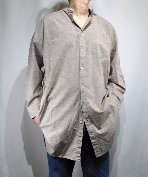 おしゃれスタ(オシャレスタ)の「綿麻ストレッチバンドカラーロングシャツ【IR】(シャツ/ブラウス・メンズ・ホワイト/ブラック/ネイビー/モカ/カーキ・M/L)」の4枚目の写真