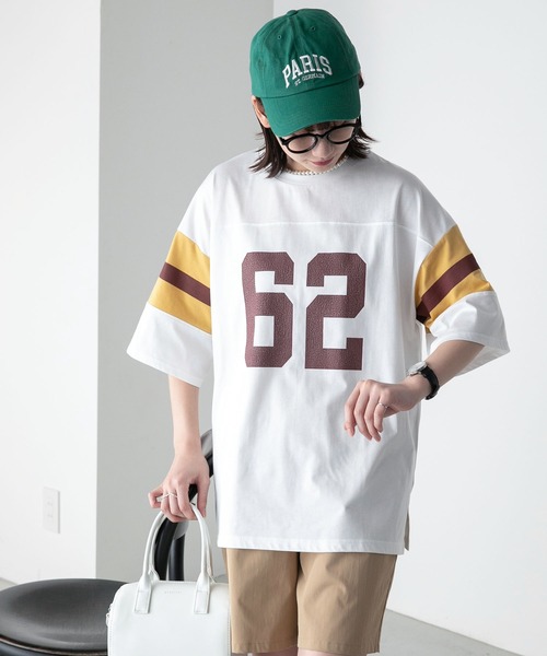 BONLECILL（ボンルシール）の「ナンバリング 配色ルーズ半袖Tシャツ（Tシャツ/カットソー・レディース・ブラック/オフホワイト/ネイビー/グリーン・FREE）」の12枚目の写真