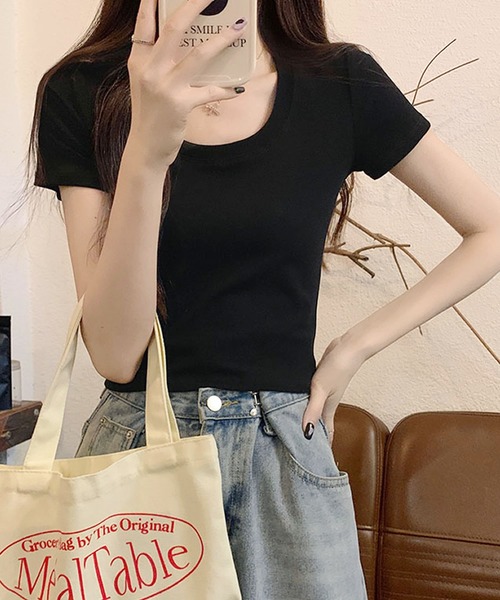Grandeir(グランディール)の「クルーネック半袖カットソー(Tシャツ/カットソー・レディース・ブラック/カーキ/グレー・M)」の9枚目の写真