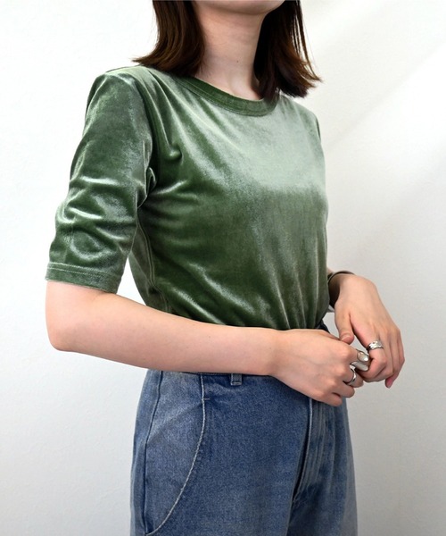 STYLEBLOCK（スタイルブロック）の「ベロアハーフスリーブトップス（Tシャツ/カットソー・レディース・ピンク/ブラック/グリーン/ブルー・M）」の3枚目の写真
