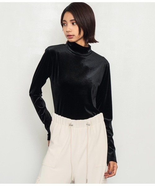 セール】刺繍ベロアハイネックトップス長袖（Tシャツ/カットソー