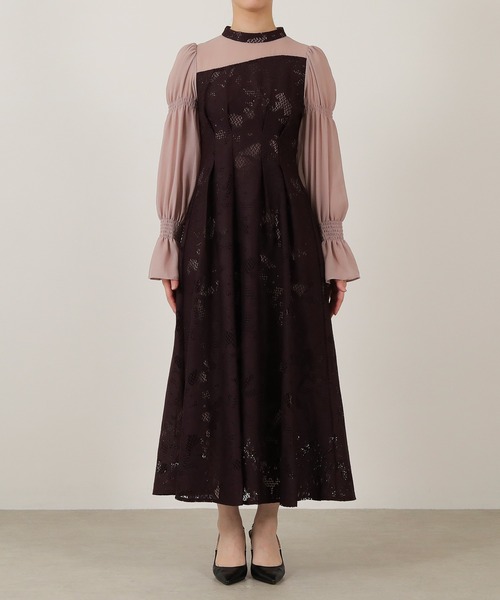 kana アシンメトリー レース ワンピース 結婚式　お呼ばれドレス セール】シャーリング キャンディー スリーブ アシンメトリー