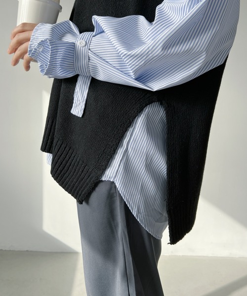 un+frame（アンフレーム）の「side slit knit vest／サイドスリットオーバーサイズ Vネックコットンニットベスト（ベスト・レディース・ブラック/グレー・FREE）」の7枚目の写真