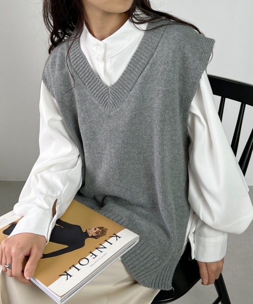 un+frame（アンフレーム）の「side slit knit vest／サイドスリットオーバーサイズ Vネックコットンニットベスト（ベスト・レディース・ブラック/グレー・FREE）」の11枚目の写真