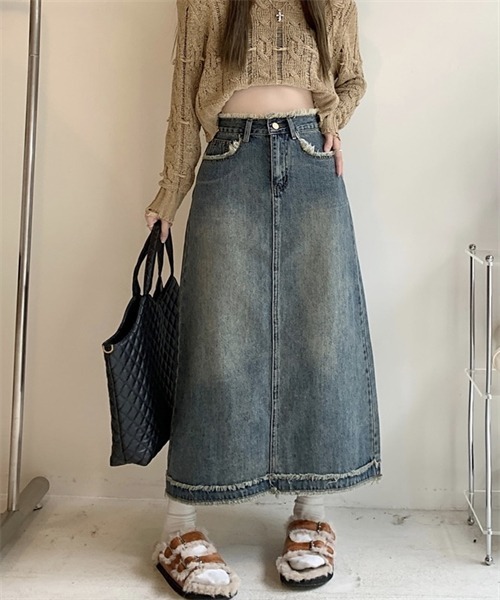 FREE STYLISTS(フリー スタイリスト)の「フリンジデサントデニムスカート(デニムスカート・レディース・ブルー/ライトブラック・XXL/L/XL/M/S)」の4枚目の写真