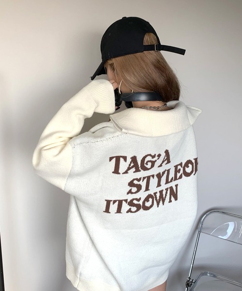 バックロゴカーディガン セール】バックロゴジップニットカーディガン（カーディガン