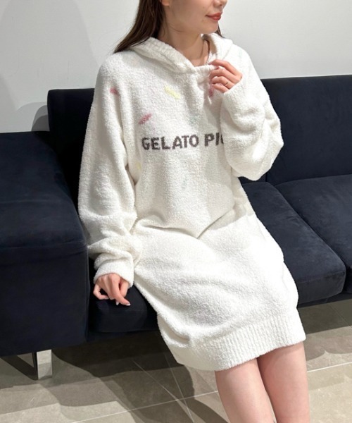 gelato pique（ジェラートピケ）の「【ONLINE限定】ベビモコアイスジャガードフーディワンピース（ルームワンピース・レディース・オフホワイト/ピンク・FREE）」の14枚目の写真