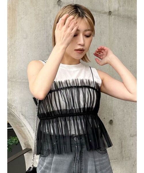 MURUA（ムルーア）の「チュールーフリルビスチェ（キャミソール・レディース・ブラック/ライトグリーン・FREE）」の7枚目の写真